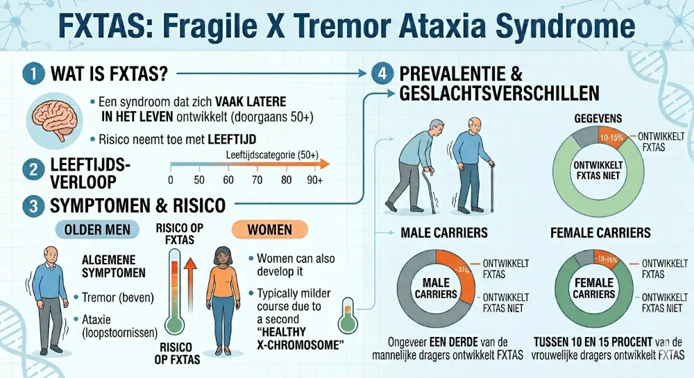 WAT IS FXTAS?" met een definitie als een syndroom dat zich vaak op latere leeftijd (doorgaans 50+) ontwikkelt en een pictogram van de hersenen.