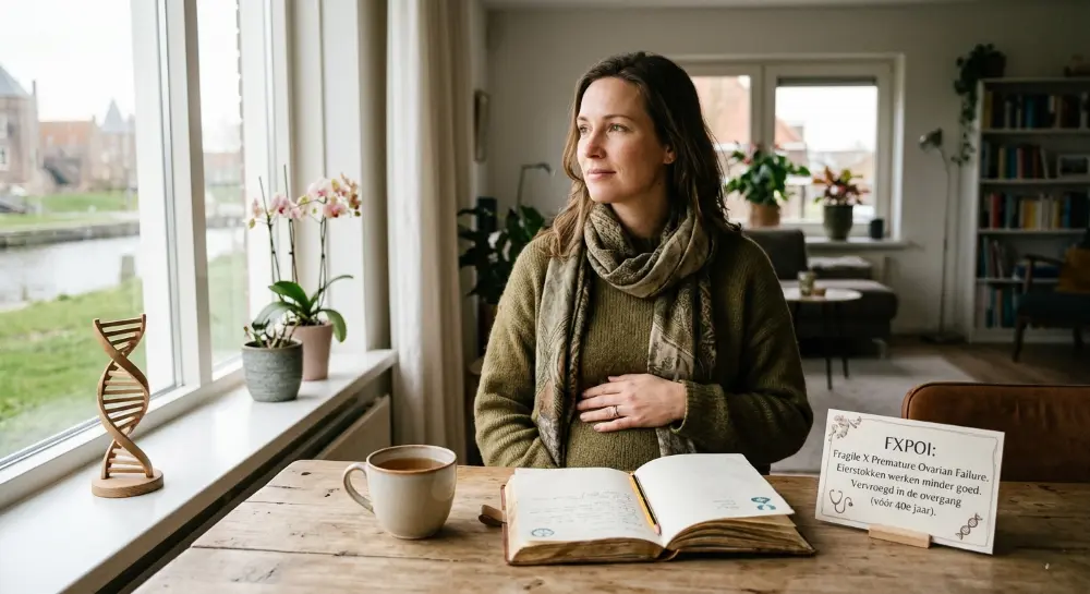 een jonge vrouw zit nadenkend aan een houten tafel bij het raam met een open notitieboek, een kop thee en een informatiekaartje over FXPOI en vervroegde overgang. Op de vensterbank staat een houten model van een DNA-helix.