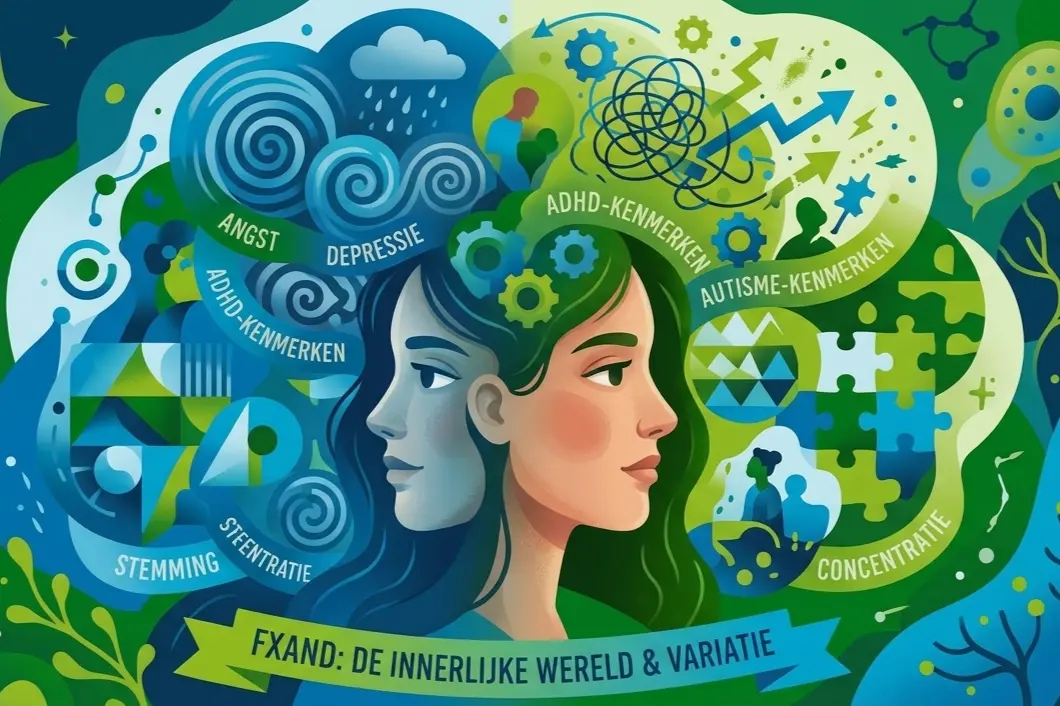 Een conceptuele illustratie van het profiel van een vrouw, waaruit een complexe en wervelende stroom van gedachten en emoties ontstaat. Deze stroom bevat abstracte symbolen voor diverse psychische kenmerken van FXAND, waaronder wervelingen voor angst en depressie, verwarde lijnen en tandwielen voor ADHD-impulsen, en puzzelstukjes voor autisme-kenmerken. Een paneel onderaan toont de tekst: 'FXAND: PSYCHE & VARIATIE'.